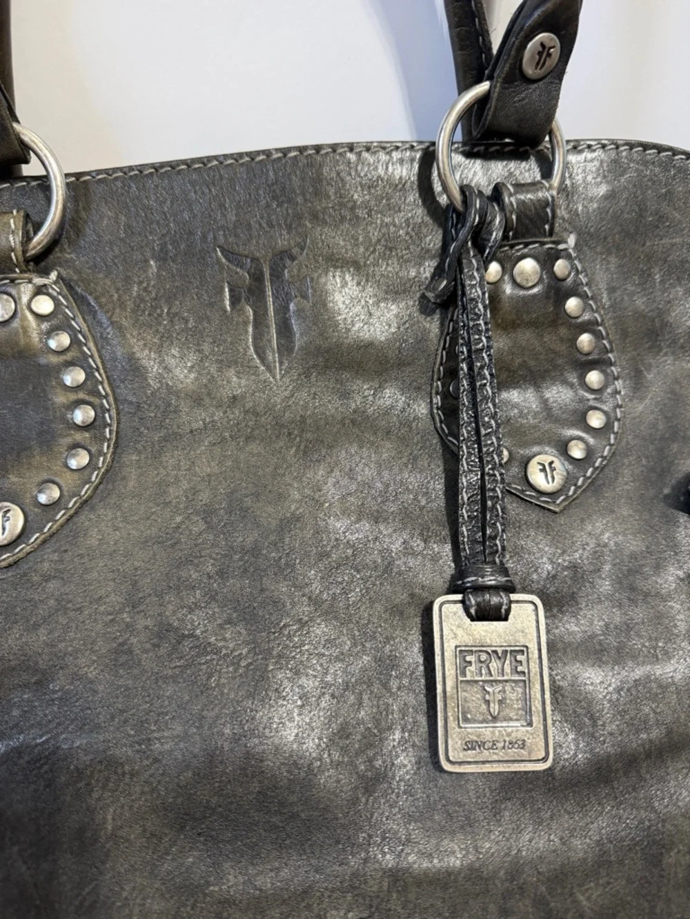 Frye Melissa rustic distressed black leather silver studded moto large tote bag - Picture 3 of 13